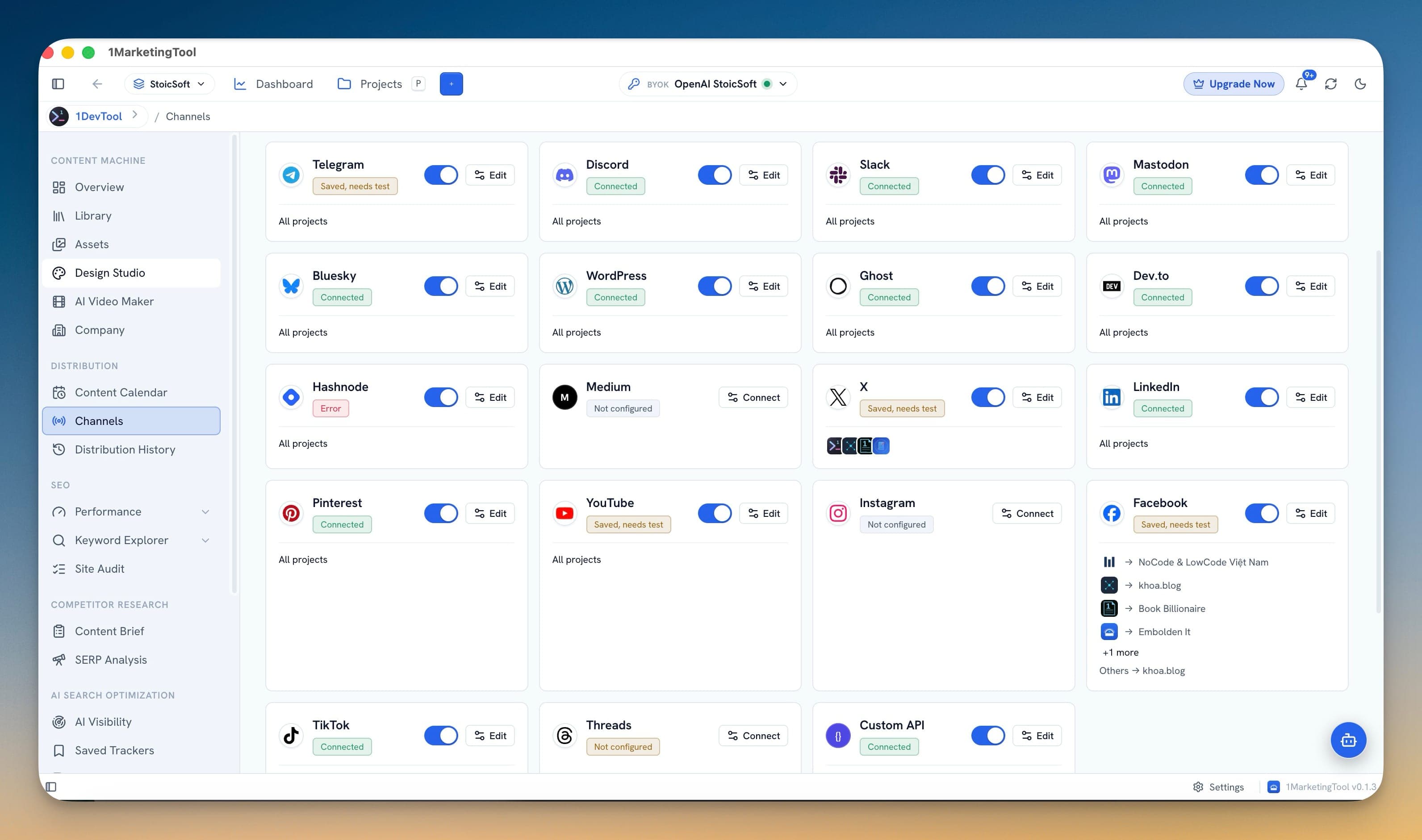 1MarketingTool - Channel connections