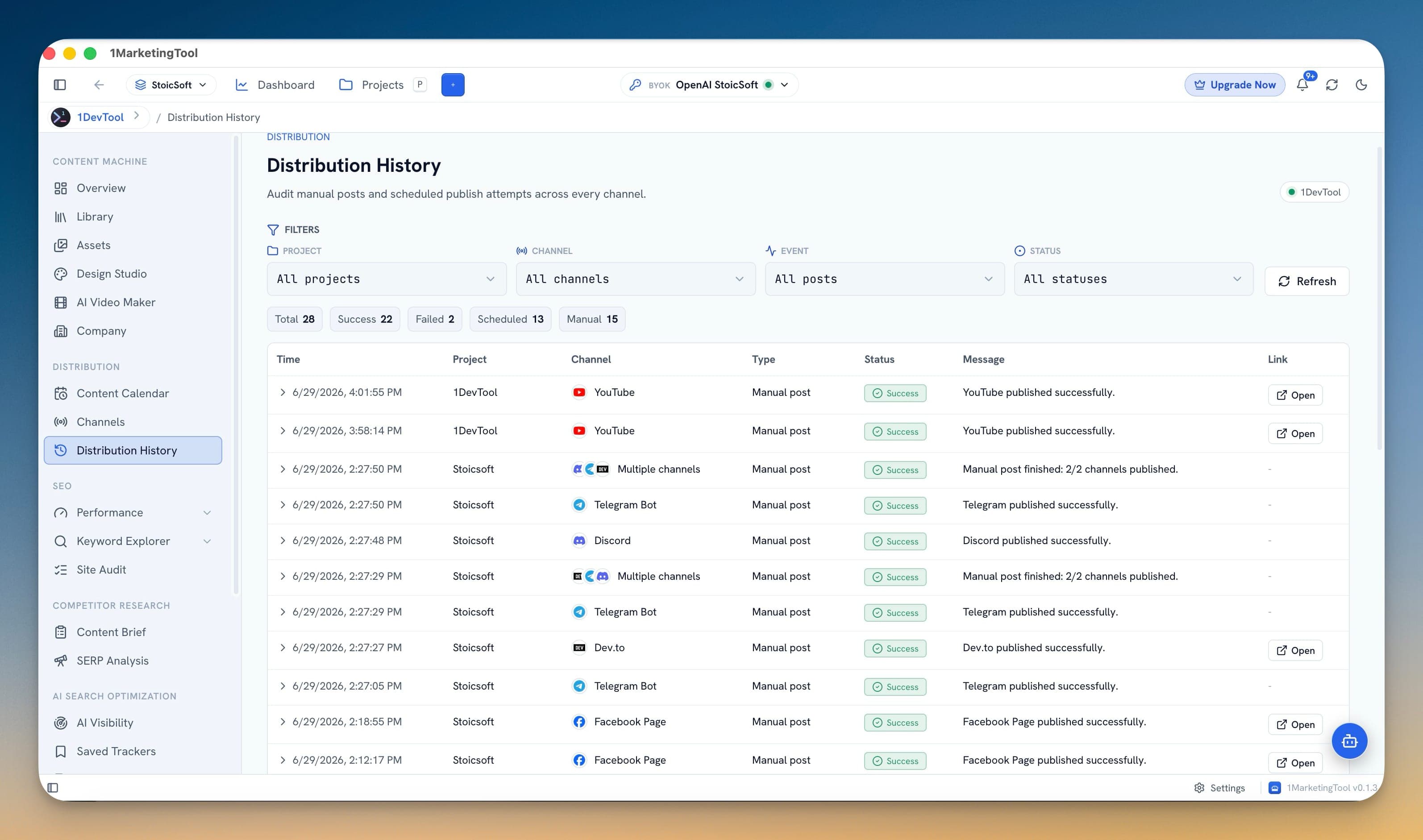 1MarketingTool - Distribution history