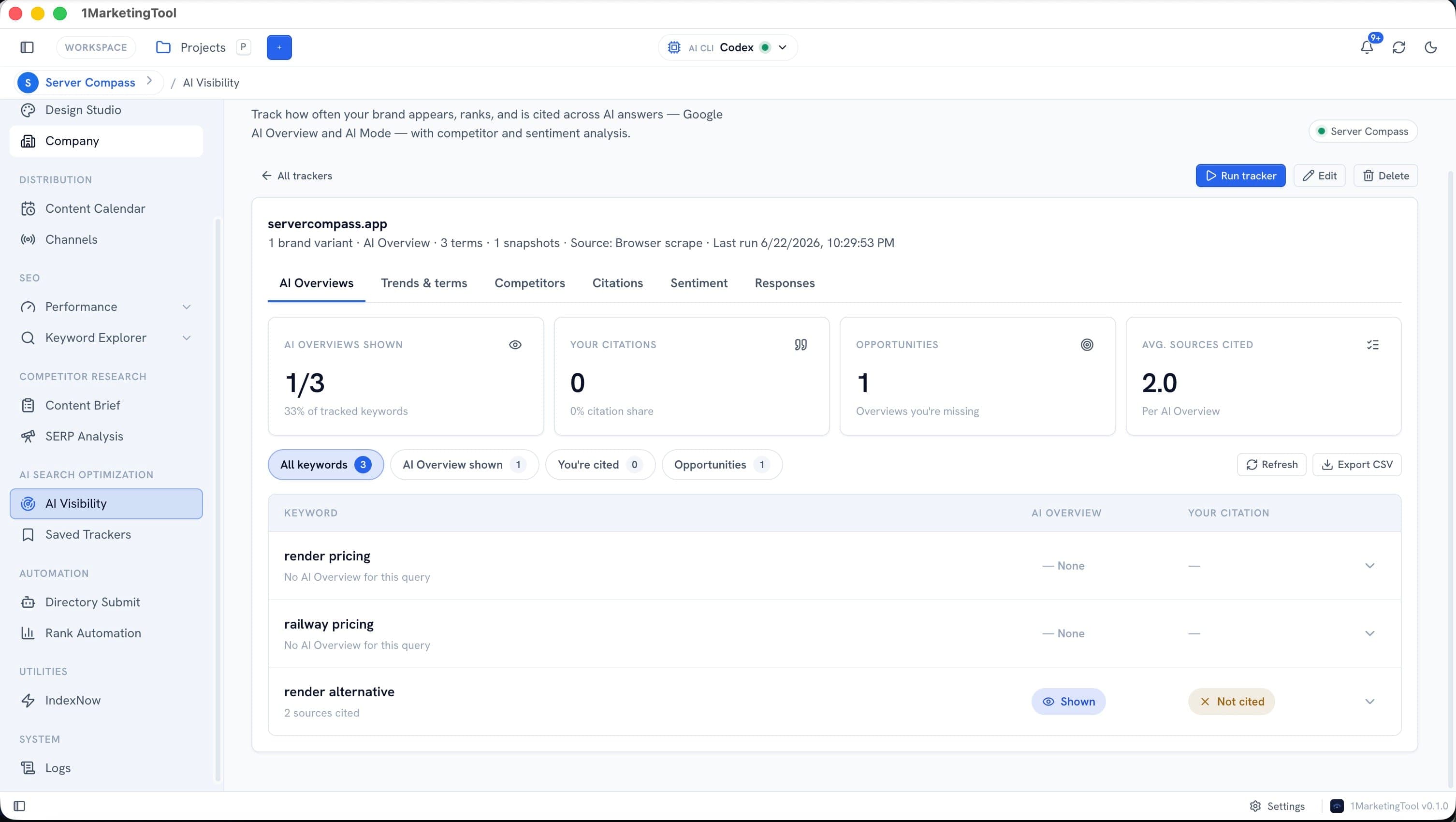 1MarketingTool LLM tracker with AI visibility keywords, citations, opportunities, and per-keyword status