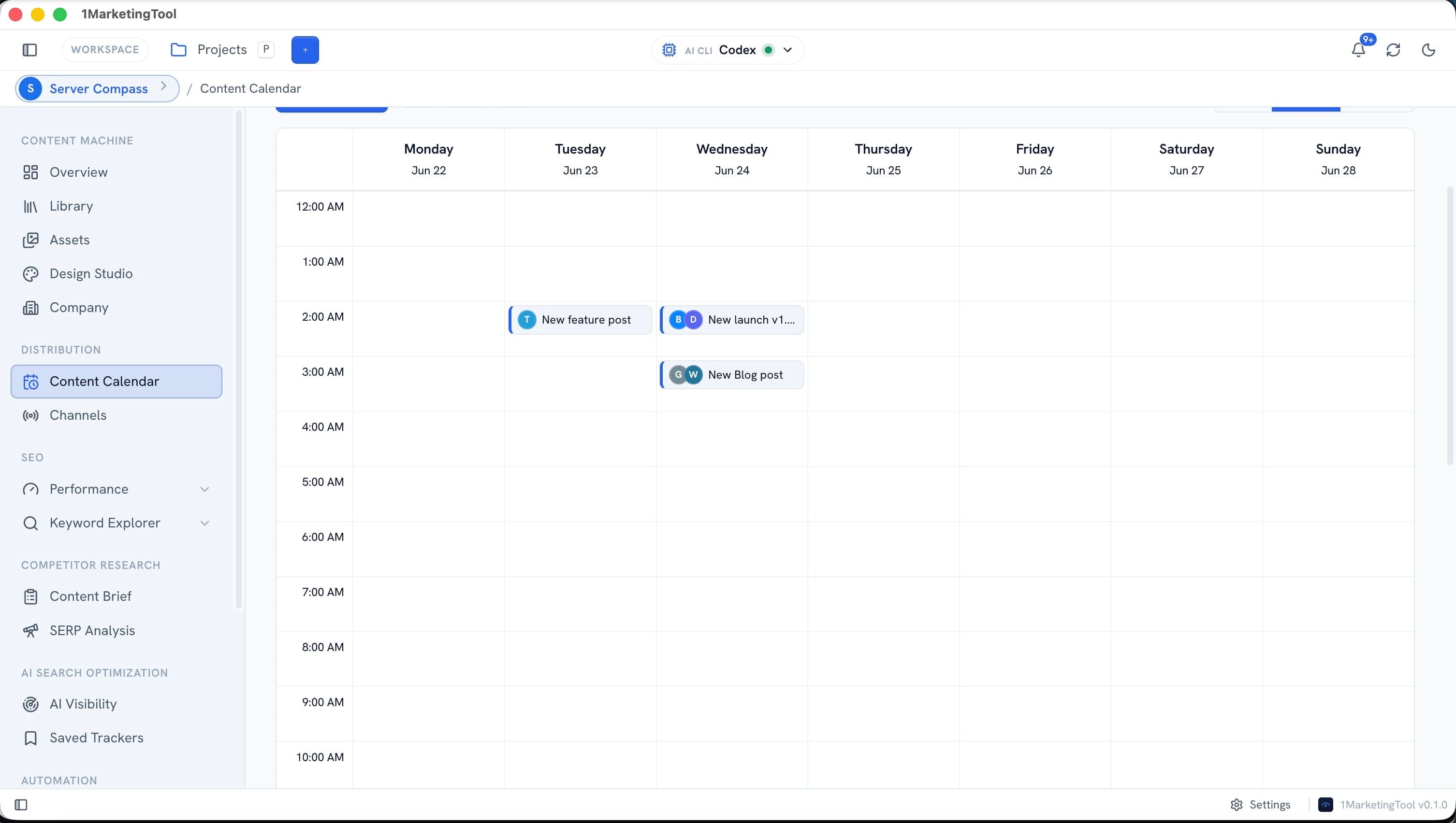 1MarketingTool content calendar with scheduled marketing work